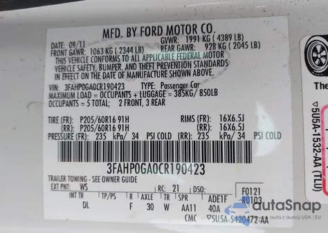 2012 Ford Fusion S z USA, uszkodzony, nr VIN 3FAHP0GA0CR190423